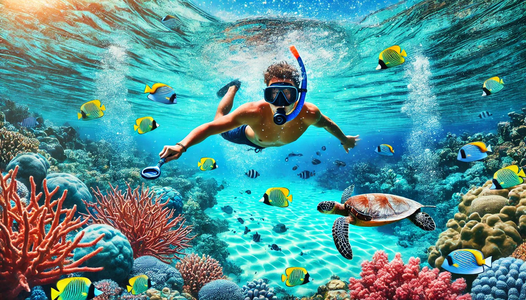 DALL·E 2024-11-22 16.05.15 - A snorkeling scene in Guadeloupe, featuring a person floating on the water's surface with a mask and snorkel, observing a vibrant coral reef below wit