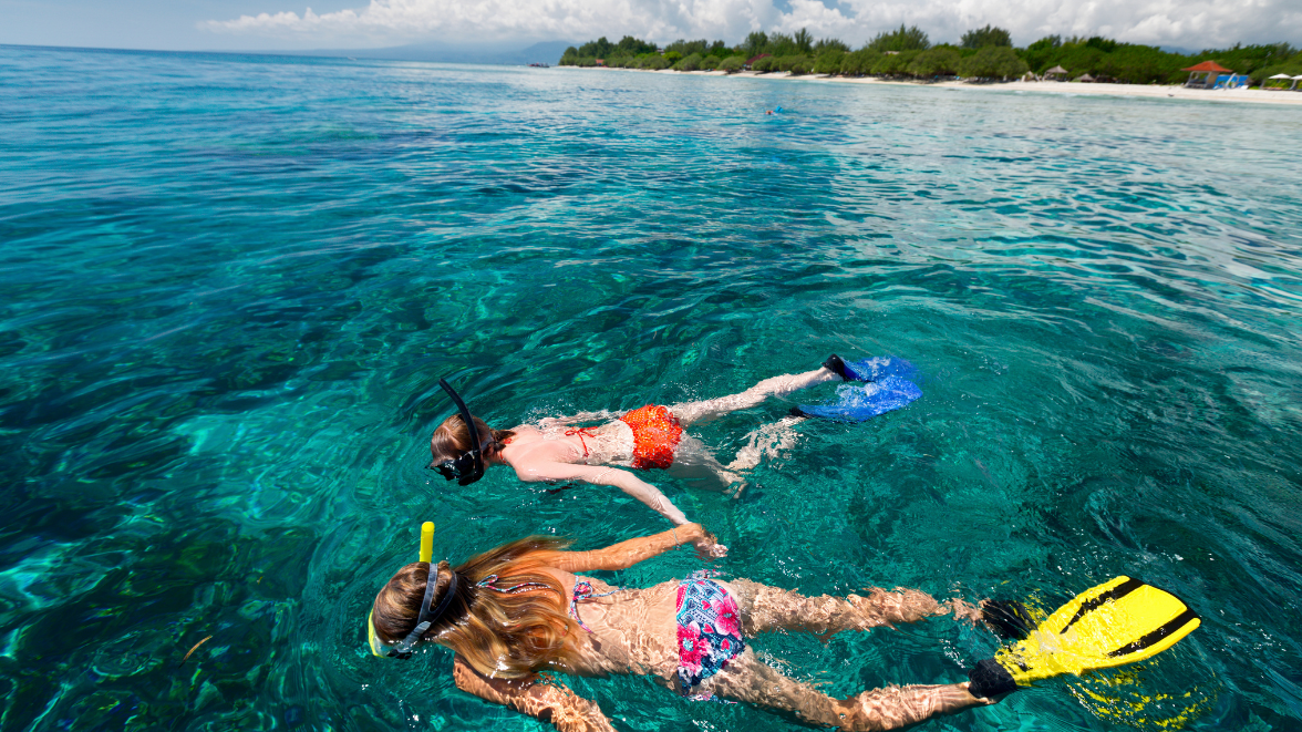 A snorkeling scene in Guadeloupe, featuring a person floating on the water's surface with a mask and snorkel, observing a vibrant coral reef below wit