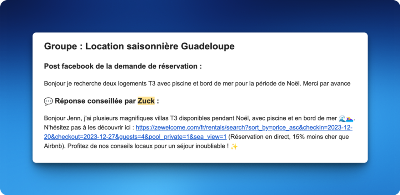 Exemple de réponse par Zuck notre IA qui répond aux voyageurs sur facebook