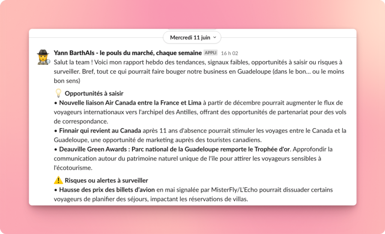 Exemple de rapport d'analyse économique et d'opportunité envoyé par notre agent IA toutes les semaines