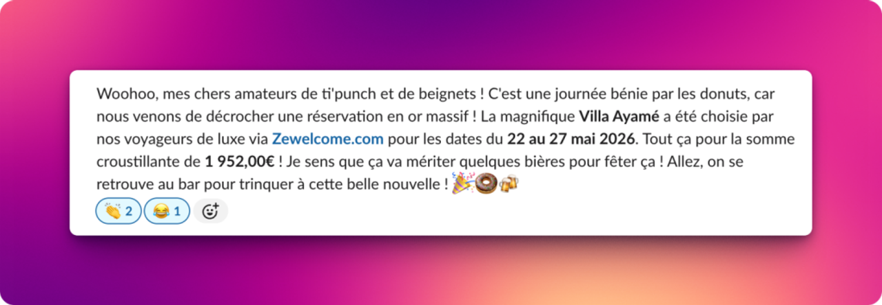 Exemple de message envoyé par Crésus, notre IA qui nous encourage lors de chaque réservation