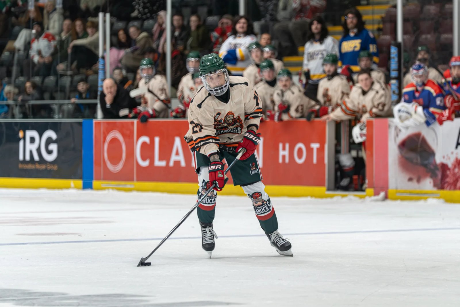 Joe Tearall controlling the puck in Cardiff’s Halloween home game against Slough Spitfires.