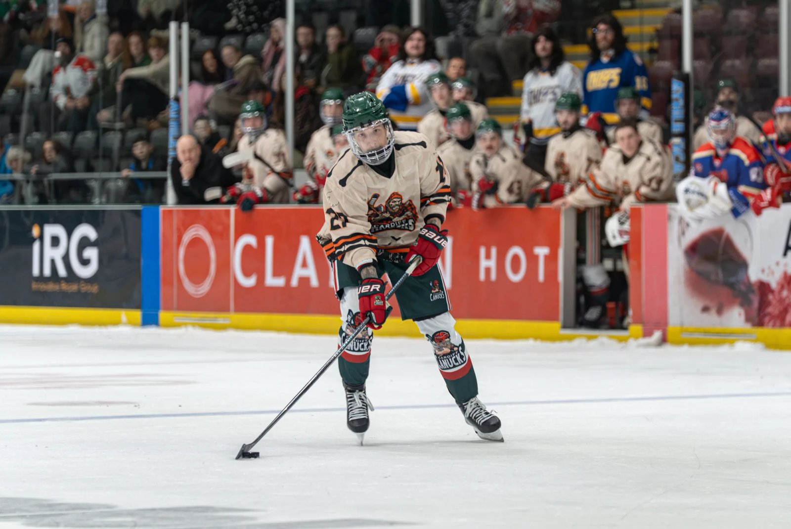 Joe Tearall controlling the puck in Cardiff’s Halloween home game against Slough Spitfires.