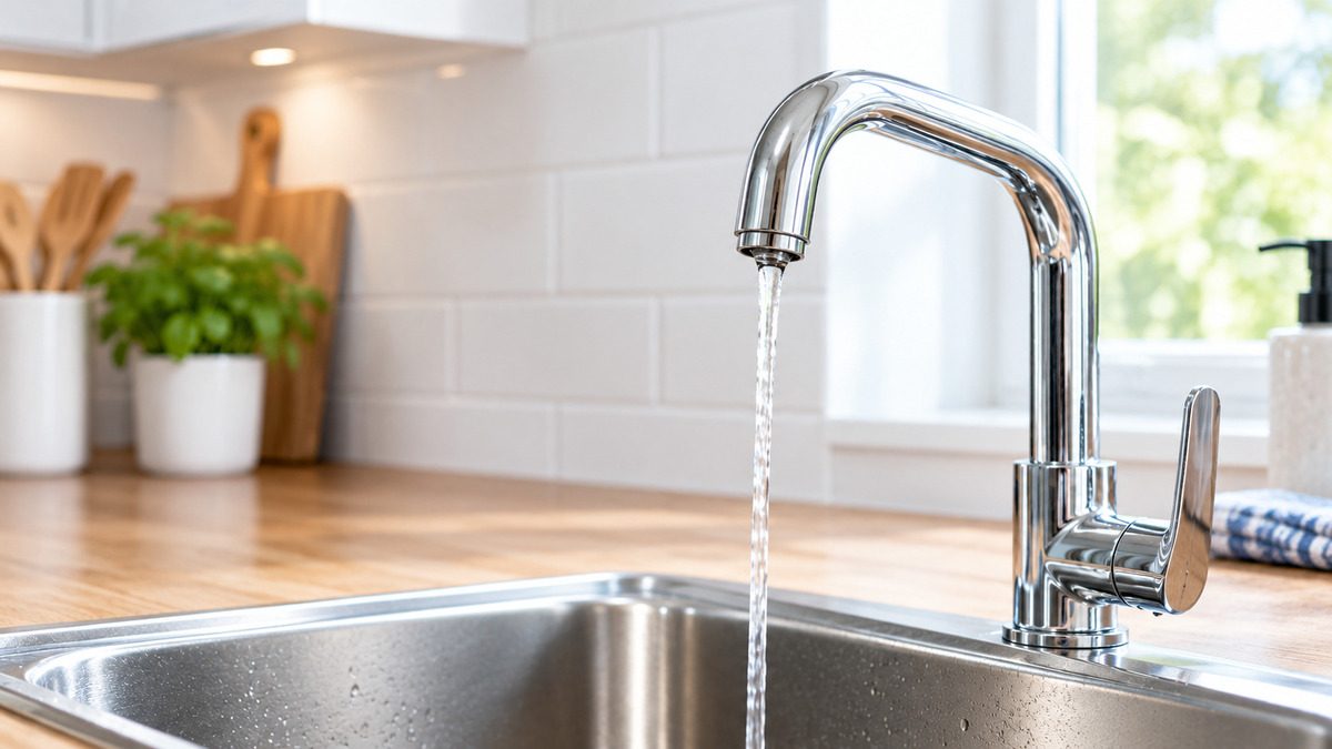 Chrome kitchen tap running a steady stream of water into a stainless steel sink