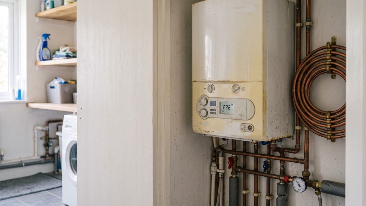 Old wall-mounted boiler with staining and an F22 fault code on its display, in a utility room with copper pipework and a washing machine