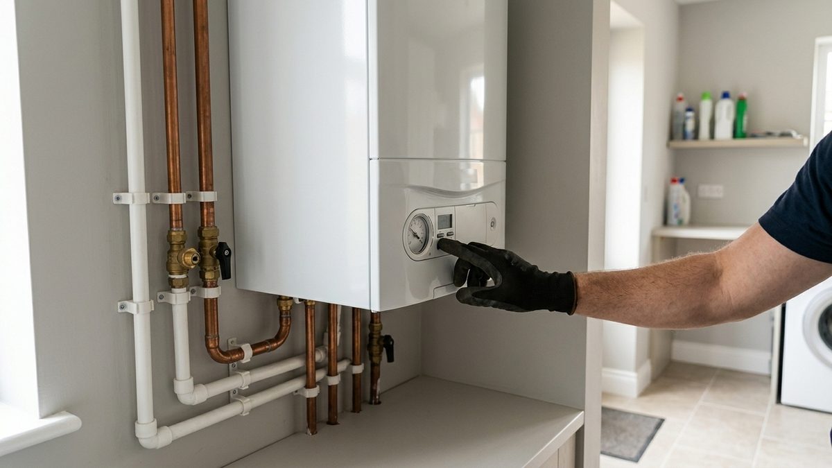 Engineer in a black glove pressing the control panel on a wall-mounted white combi boiler with copper and white pipework below