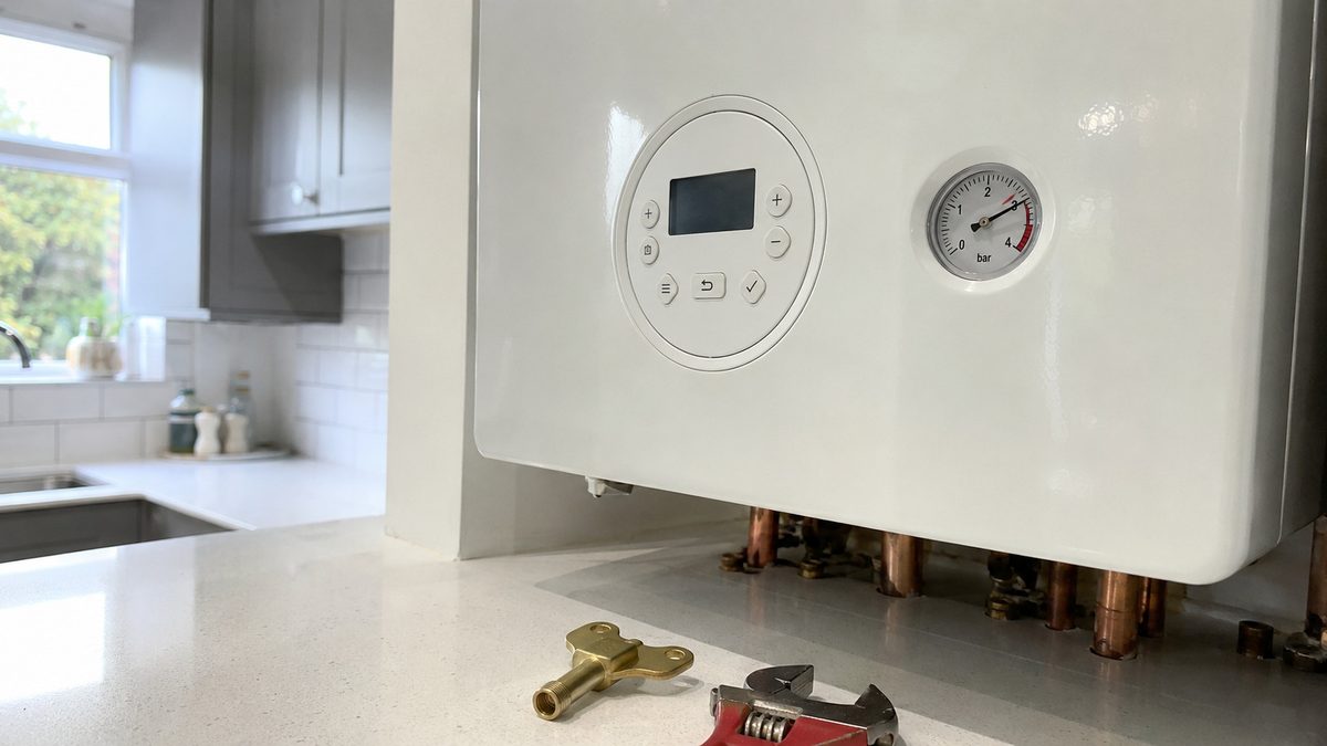 Combi boiler pressure gauge showing high reading in red zone with radiator bleed key and wrench on kitchen counter