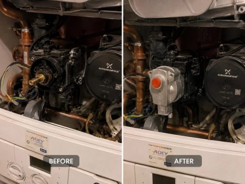 Gas valve replacement on a Baxi boiler — before and after repair by R.W. Miller Plumbing & Heating, South London