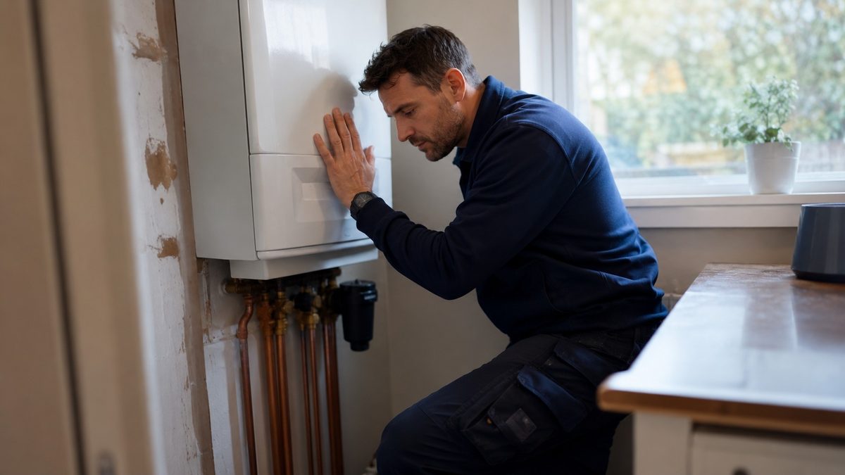 Heating engineer pressing his hand against a wall-mounted boiler, listening for unusual noises