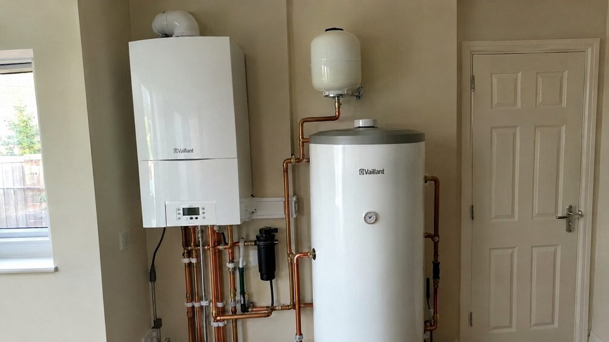 Combi boiler and system boiler with hot water cylinder installed side by side