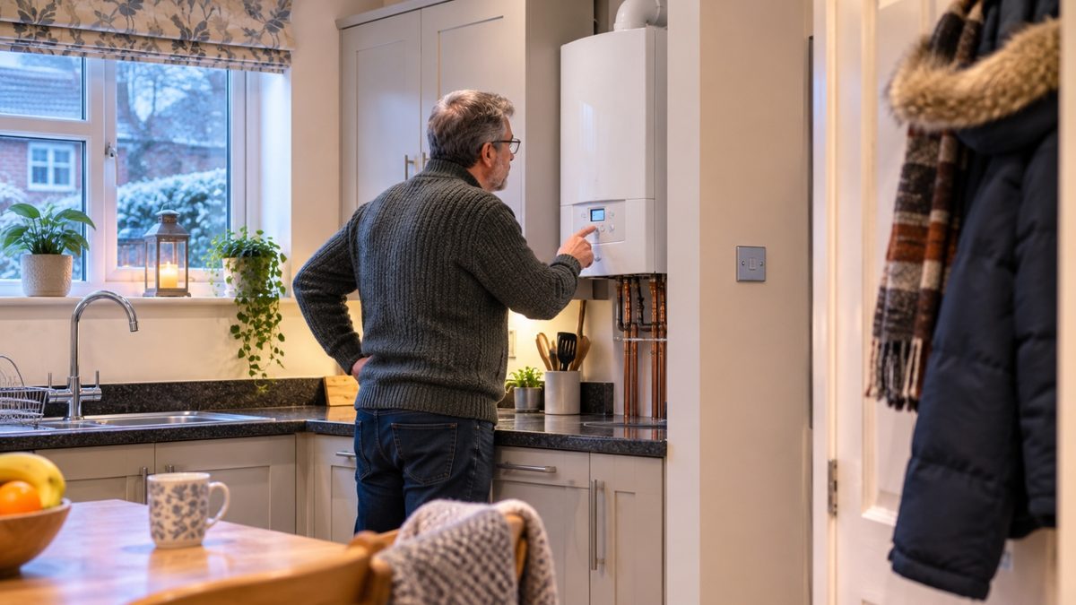 Homeowner pressing the control panel on a wall-mounted combi boiler that keeps turning off, in a kitchen in winter