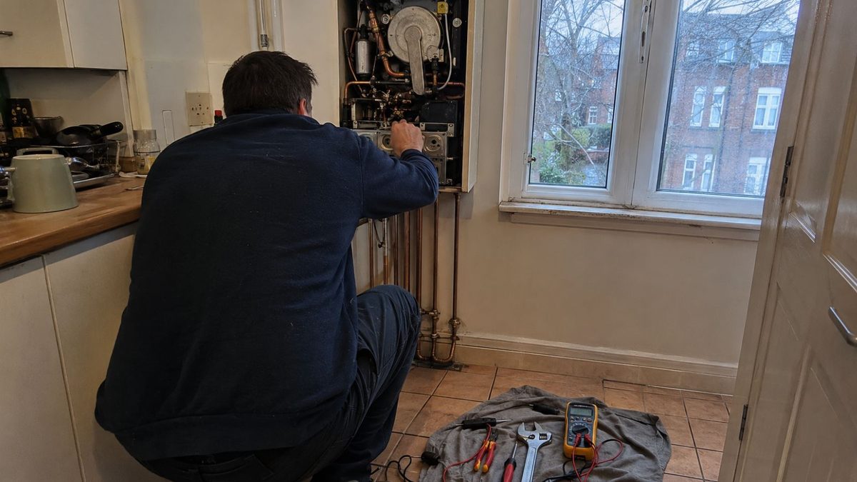 Gas Safe engineer diagnosing a combi boiler fault causing no hot water but working central heating