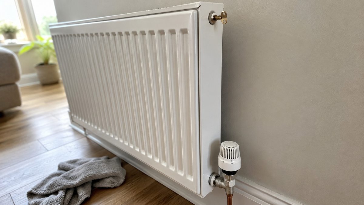 White panel radiator with thermostatic valve in a UK home
