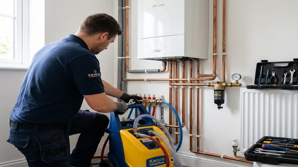 Heating engineer in an R.W. Miller polo shirt connecting a power flush machine to central heating pipework below a wall-mounted boiler