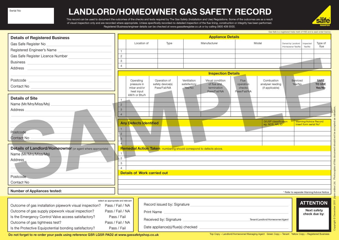 Sample Landlord/Homeowner Gas Safety Record (CP12) form showing appliance details, inspection details, and defects sections