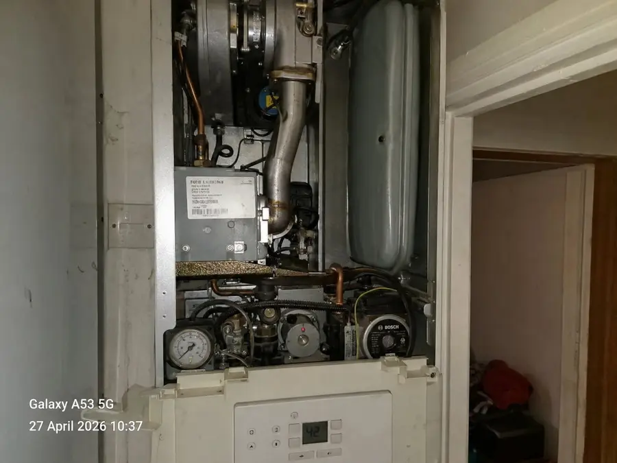 Worcester Bosch boiler internal components inspected during a boiler service by R.W. Miller Plumbing & Heating, South London