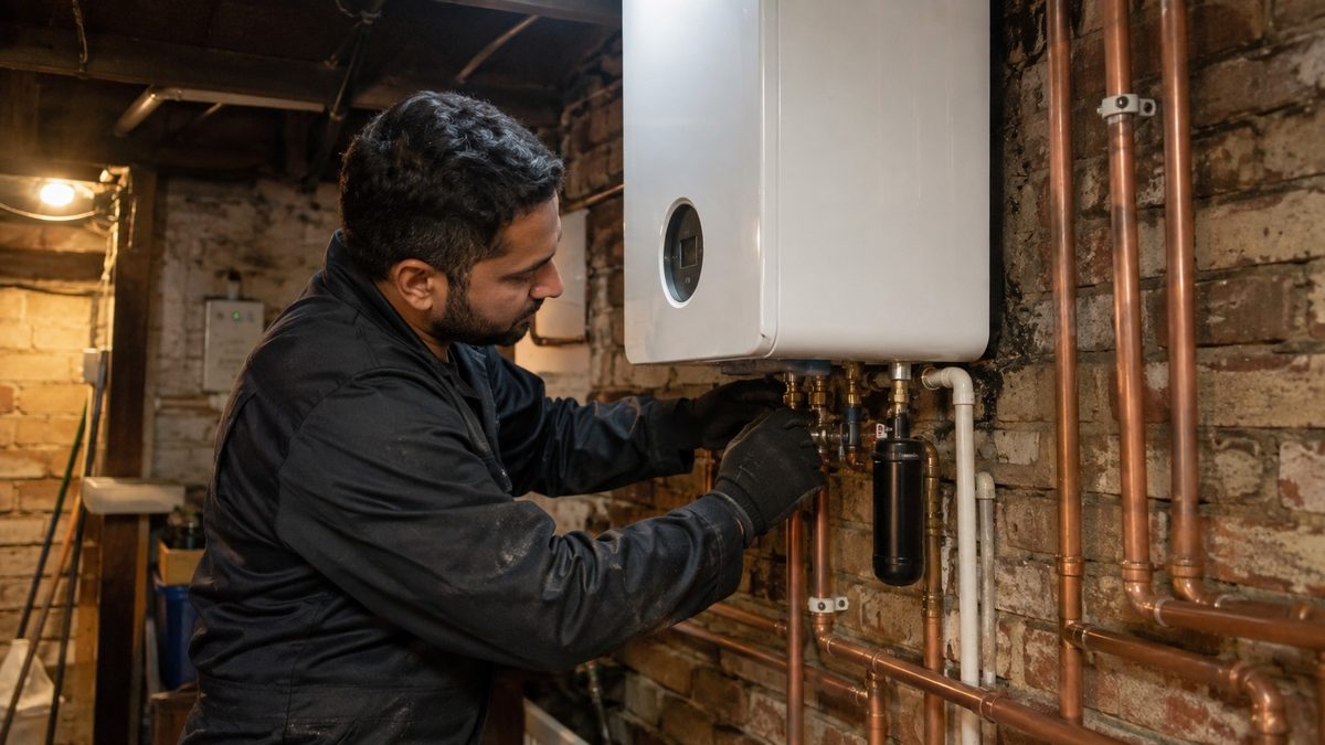 R.W. Miller engineer connecting the final fittings on a newly installed Worcester Bosch combi boiler in a brick-walled cellar