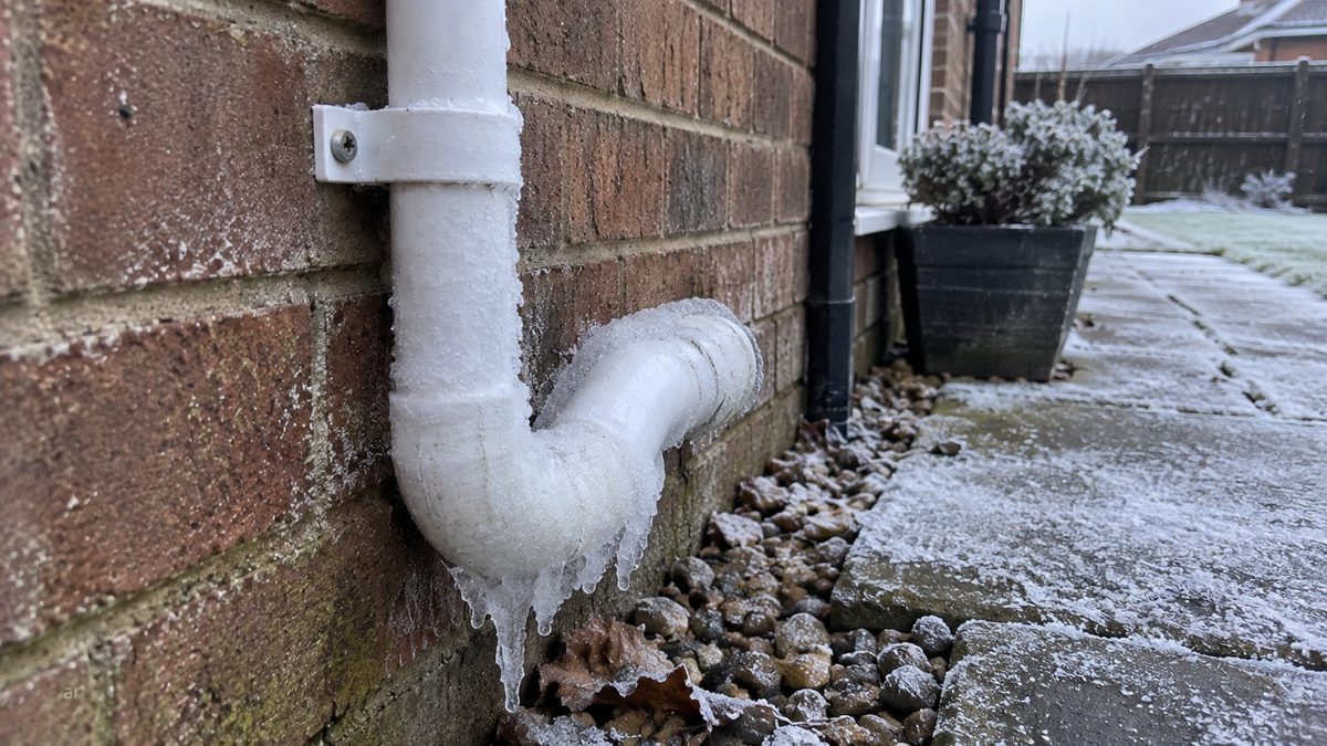 Frozen external condensate pipe encased in ice against a brick wall in South London