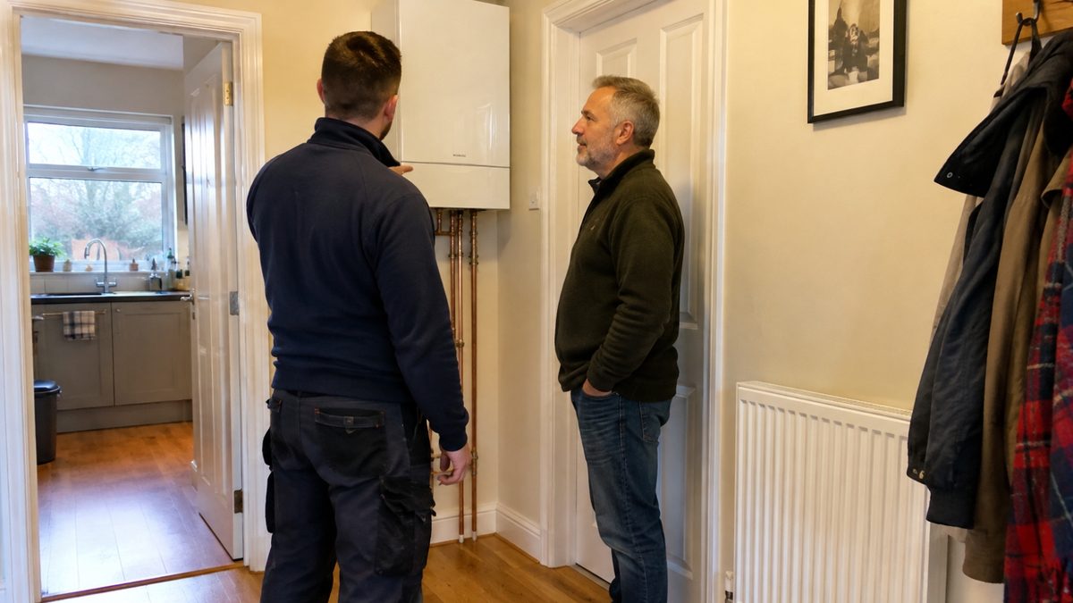 A Gas Safe engineer and homeowner beside a wall-mounted boiler in a hallway, discussing a central heating fault