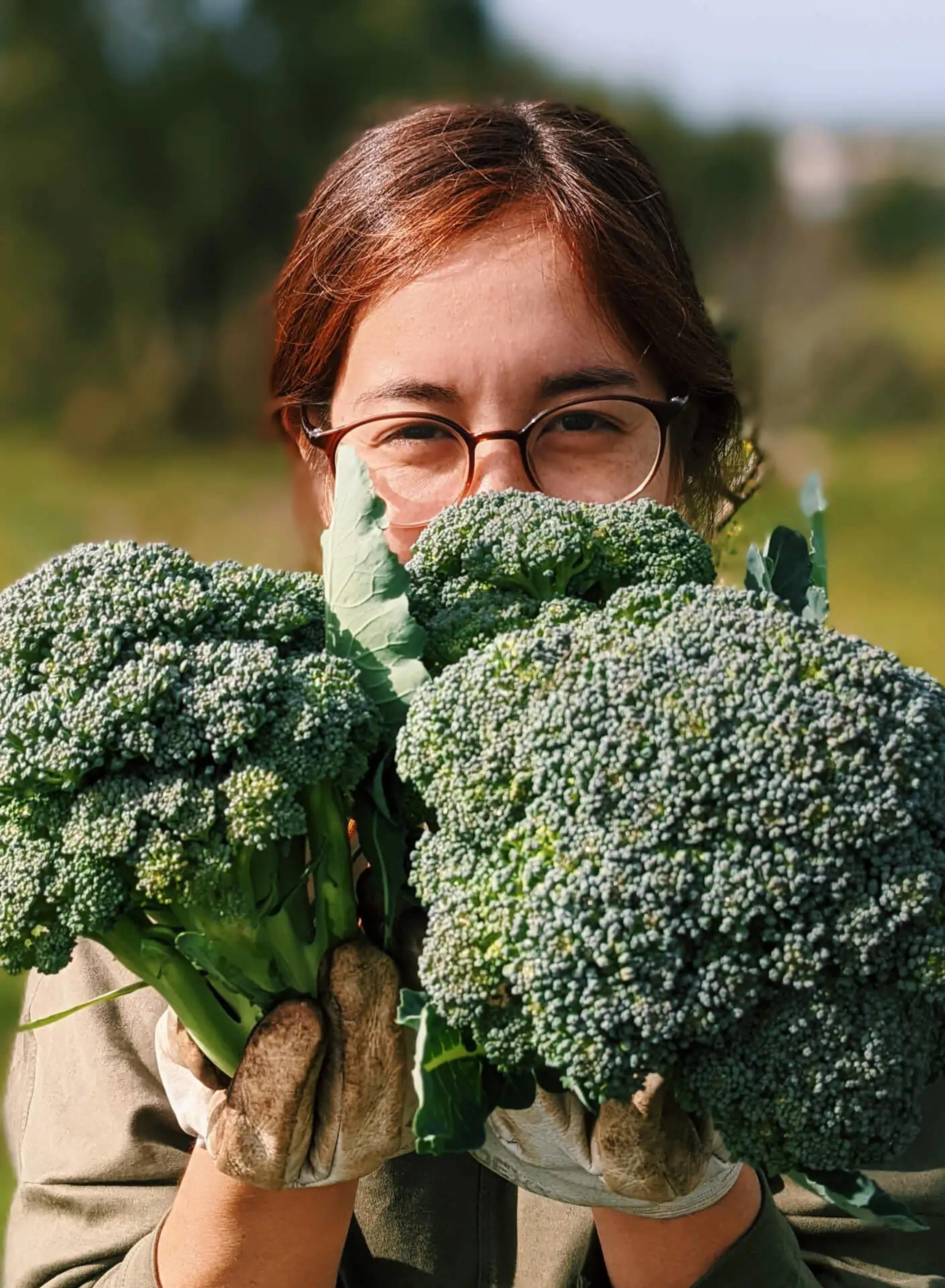 Women holding an abundance of broccoli