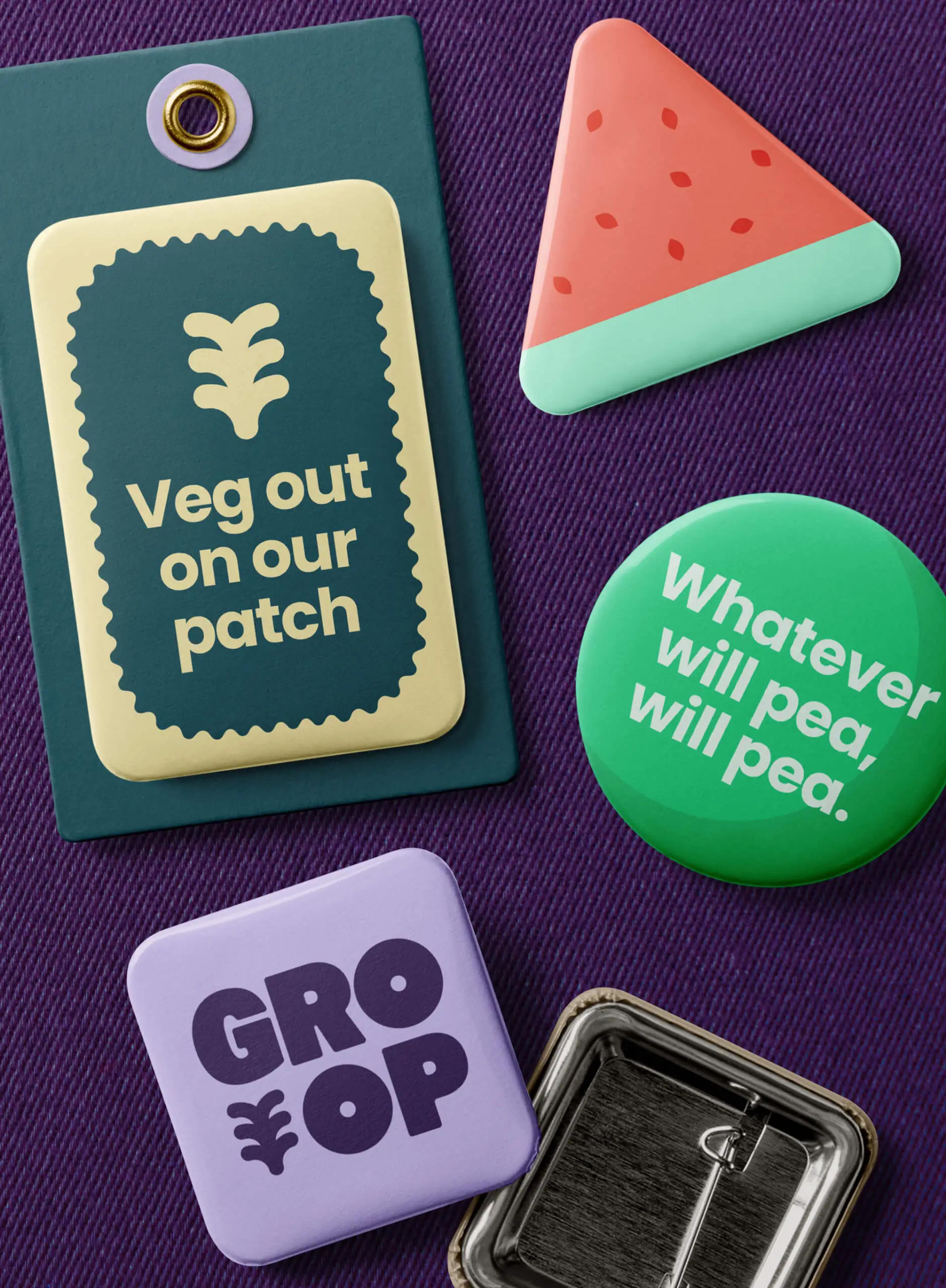 Vegetable shaped badges and puns