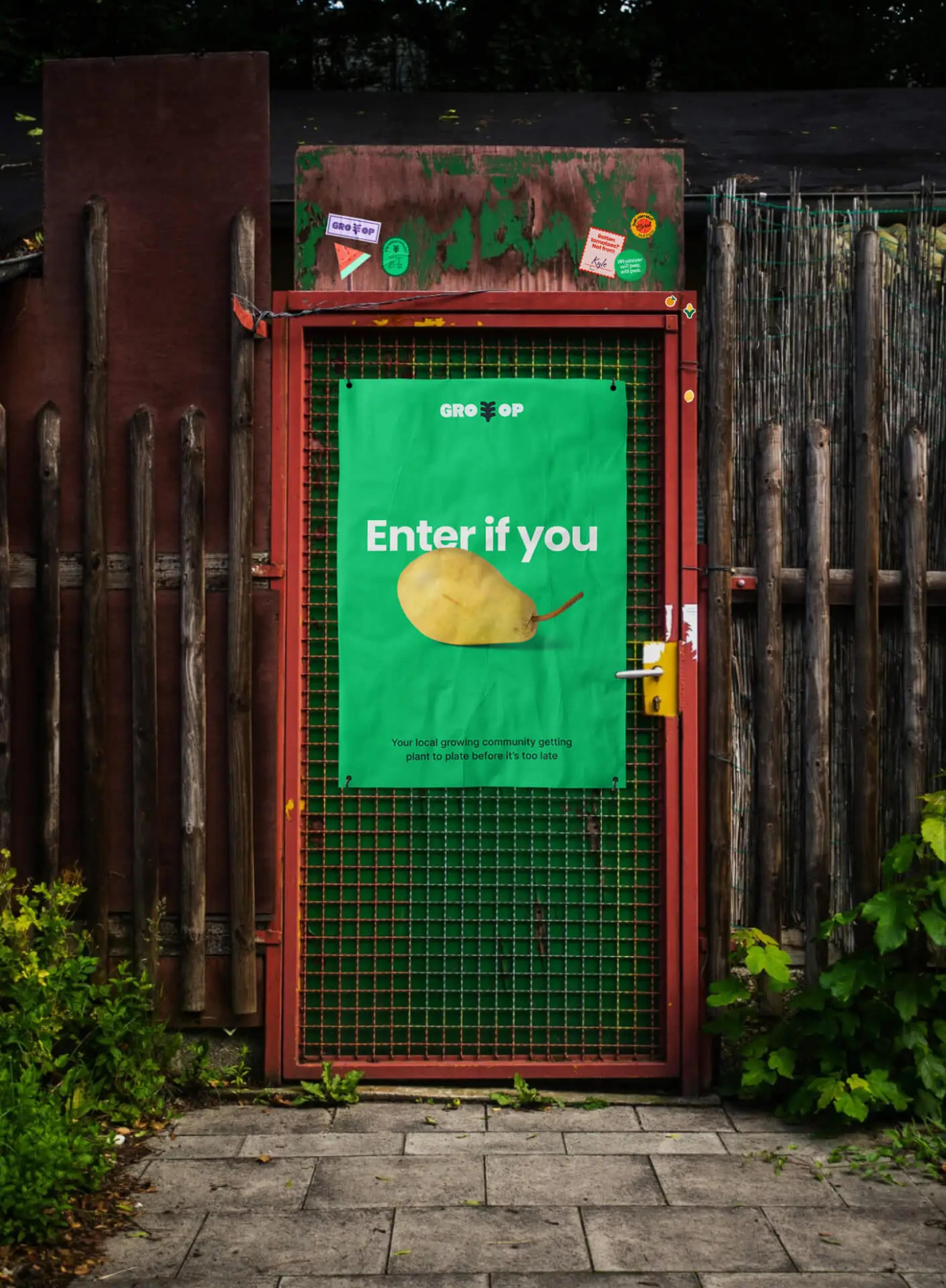 Communal plot entrance with gro-op poster sign