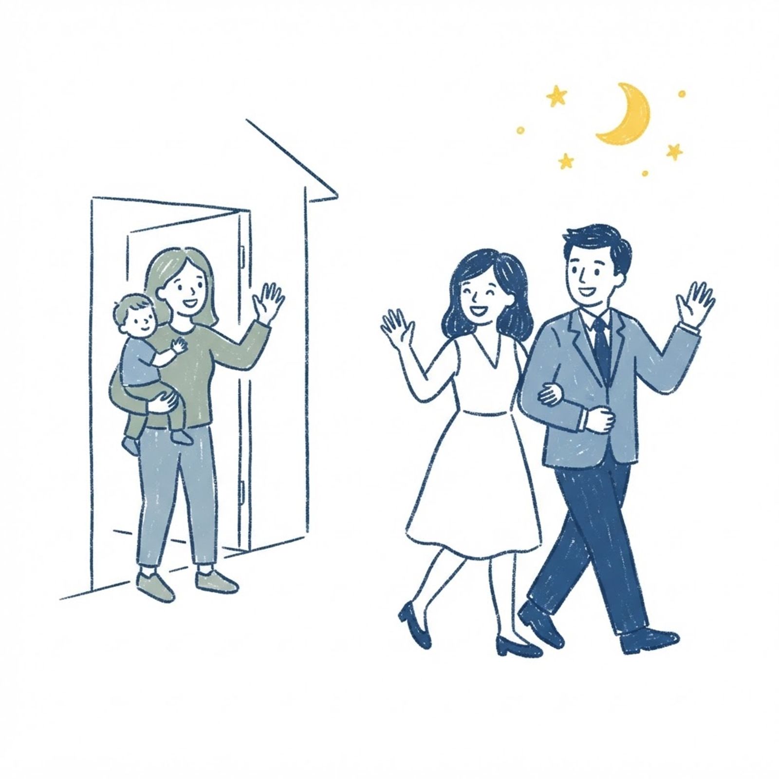 Crayon drawing of parents heading out for date night, waving to a babysitter holding their toddler