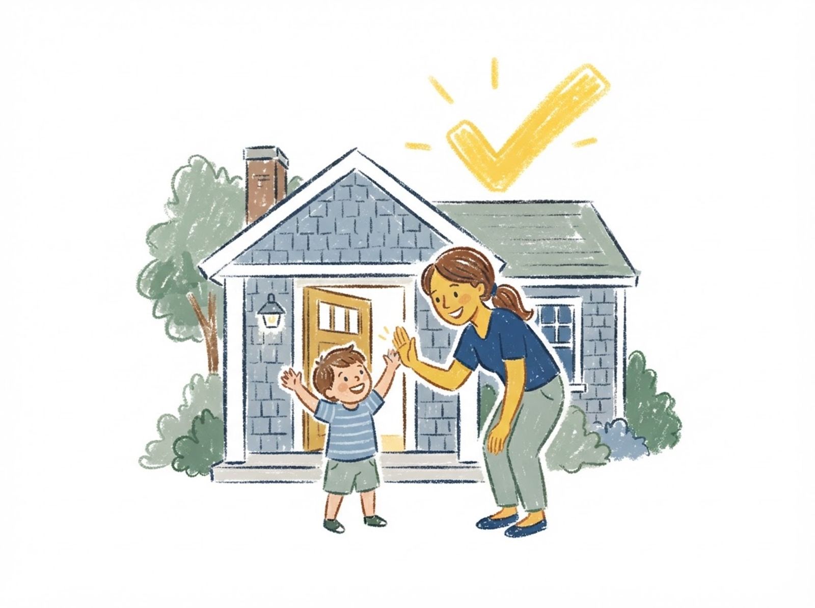 Crayon drawing of a sitter high-fiving a child at the front door