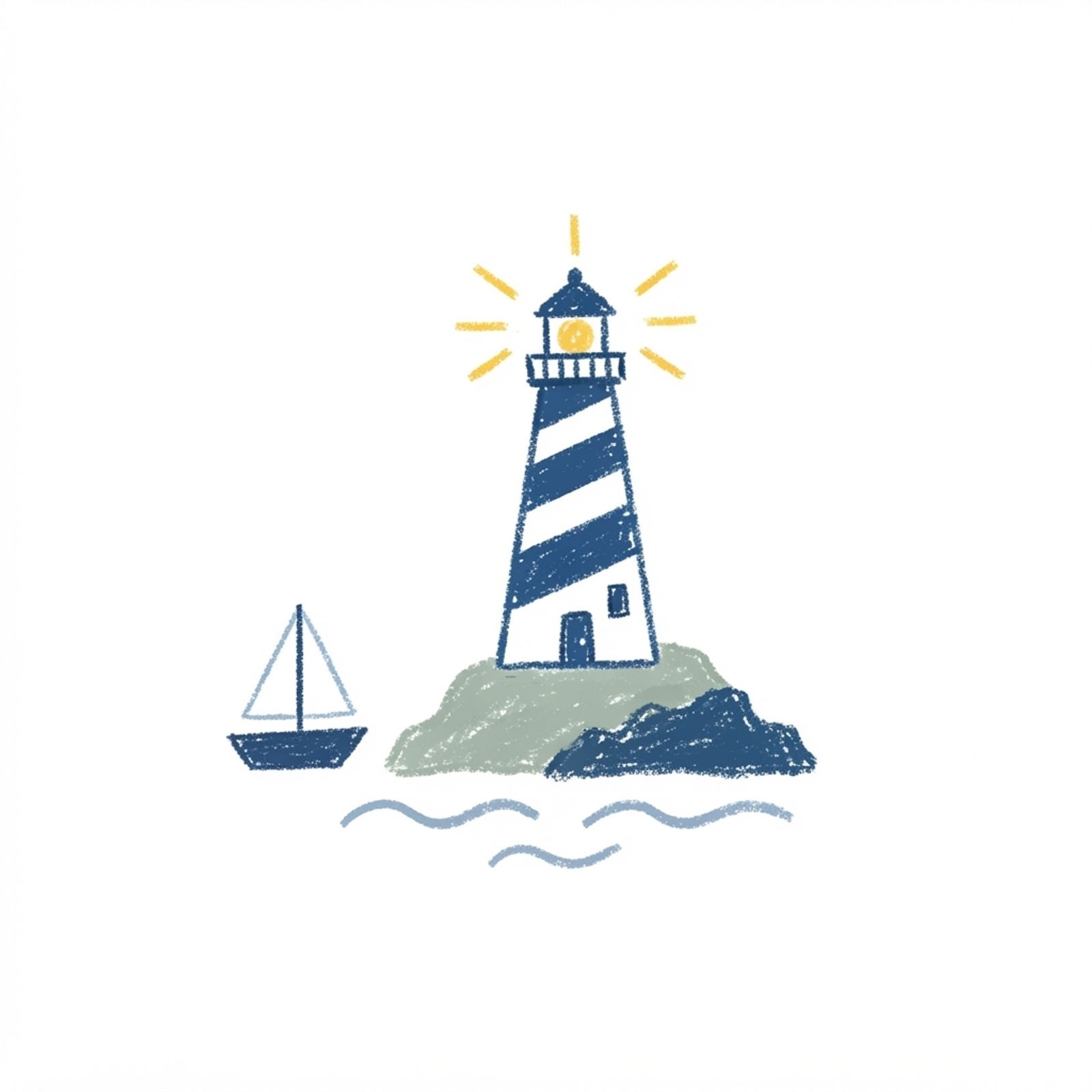 Crayon drawing of a lighthouse on a rocky island with a small sailboat