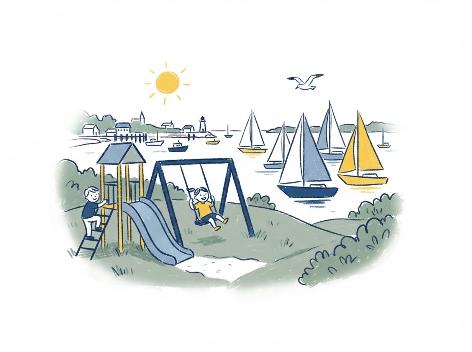 Crayon drawing of children on a harbor-side playground with sailboats