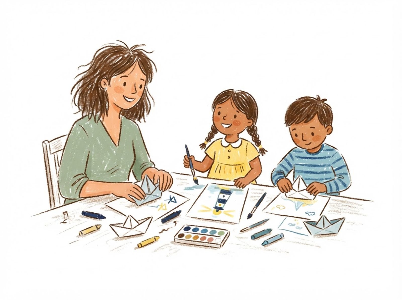 Crayon drawing of a sitter and two kids folding paper sailboats and painting at a kitchen table