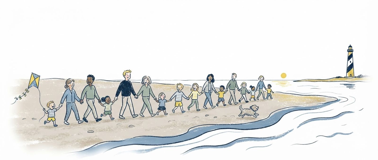 Crayon drawing of families, sitters and children walking together along a South Shore beach toward a lighthouse