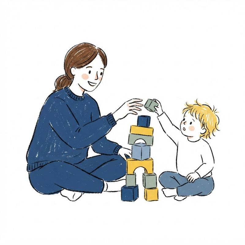 Crayon drawing of a babysitter helping a toddler stack wooden blocks
