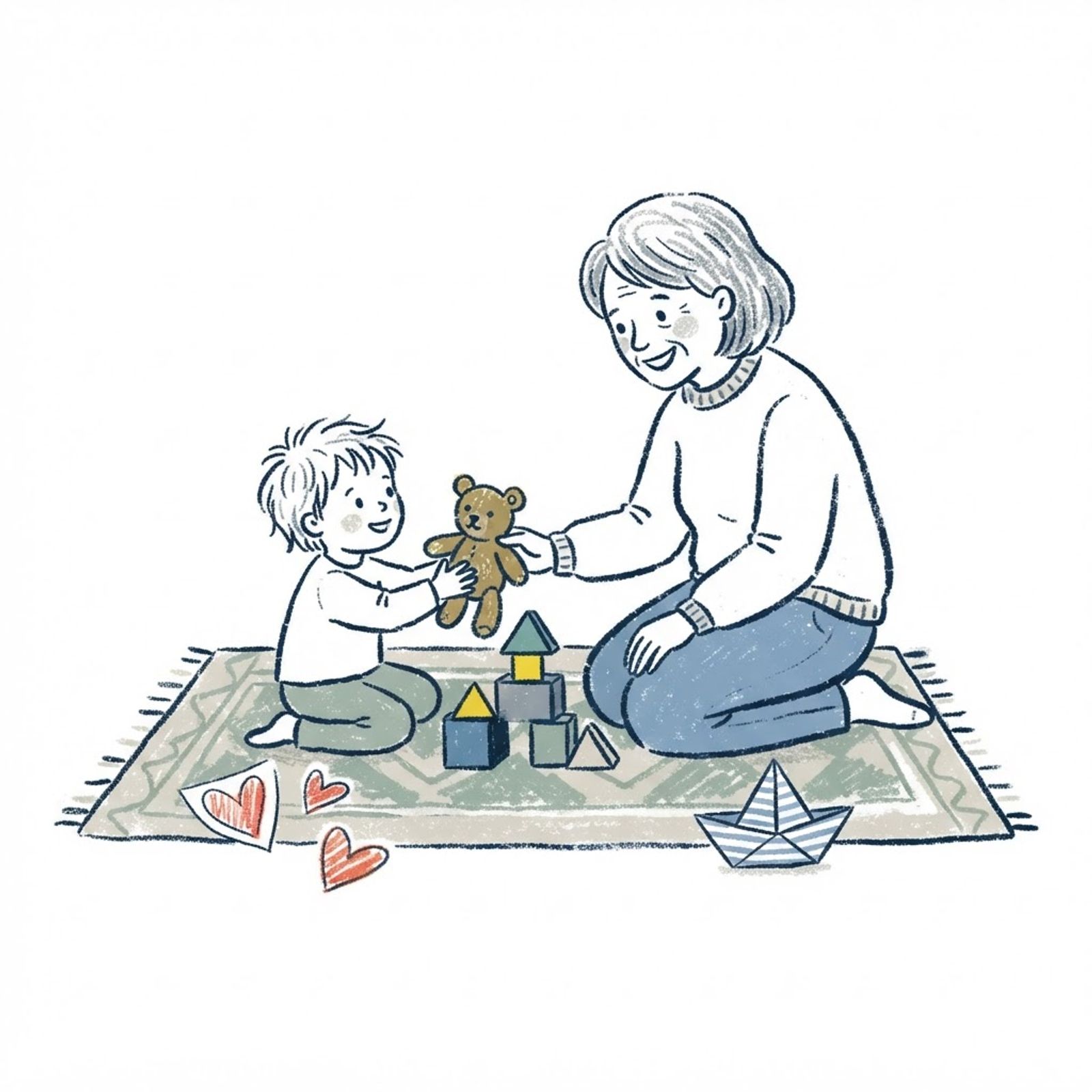 Crayon drawing of a child life specialist playing with a young child with a teddy bear and blocks