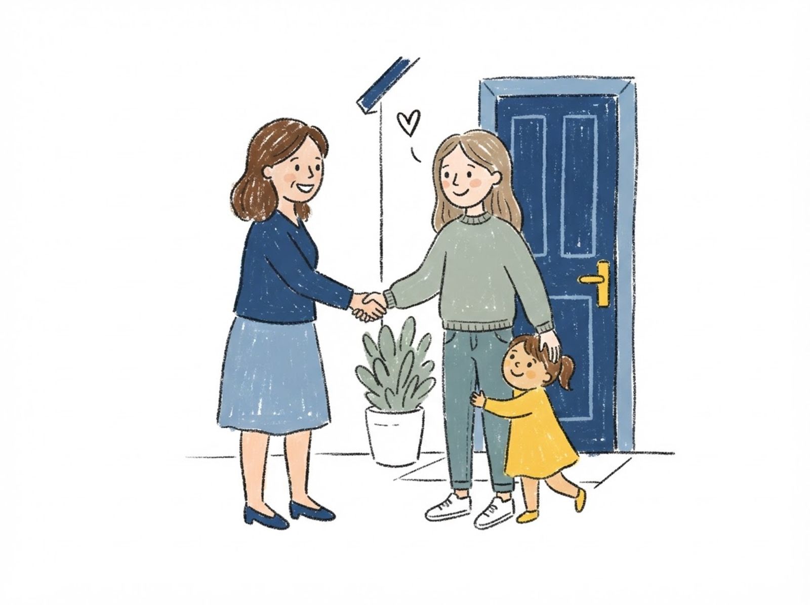Crayon drawing of a parent shaking hands with a sitter at the front door while a child hugs the sitter
