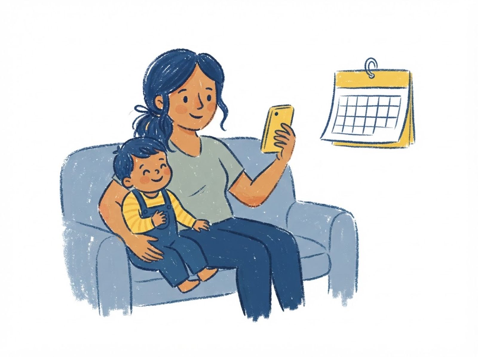 Crayon drawing of a mom on the couch with her toddler, requesting a sitter on her phone