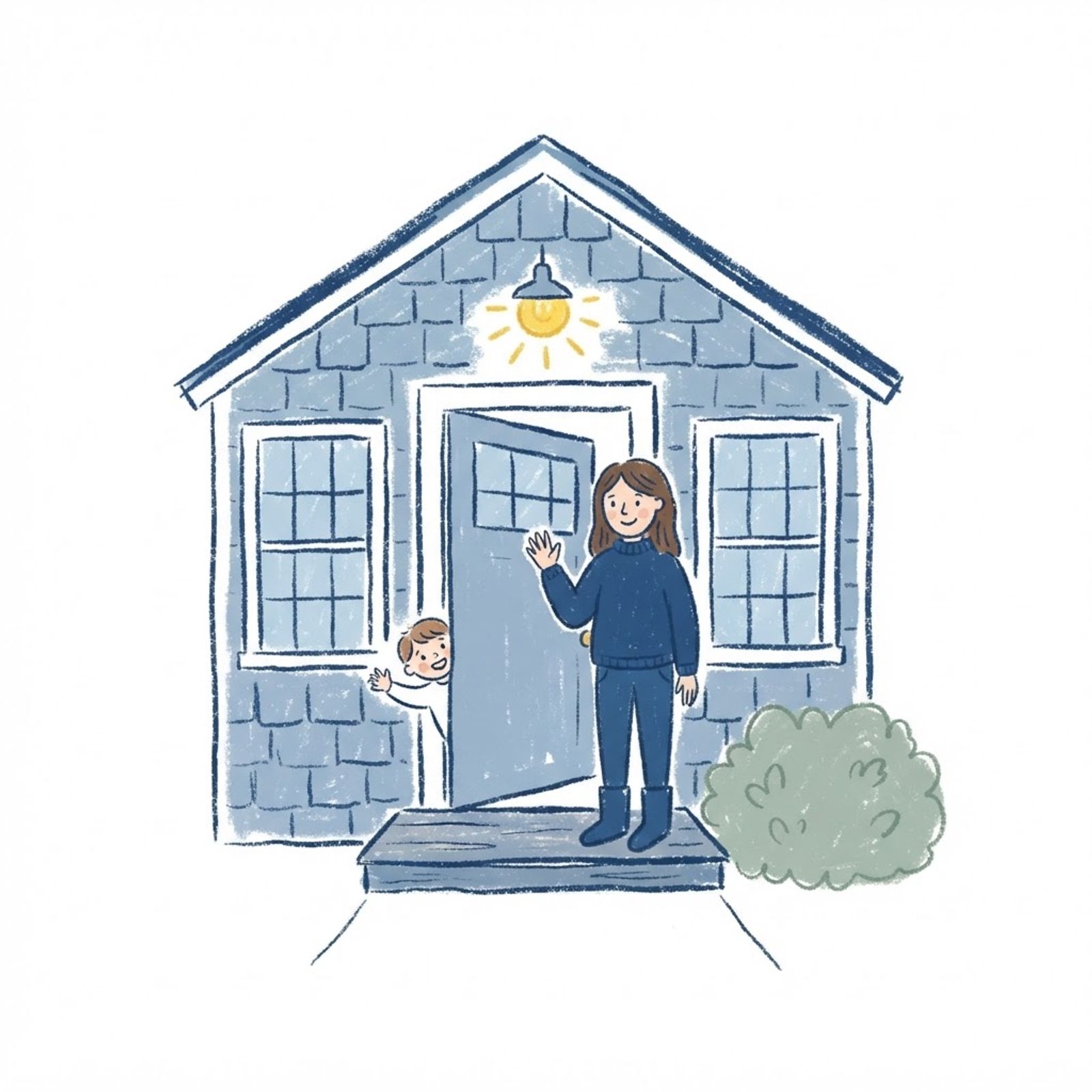 Crayon drawing of a babysitter waving on the doorstep of a cottage as a child peeks out