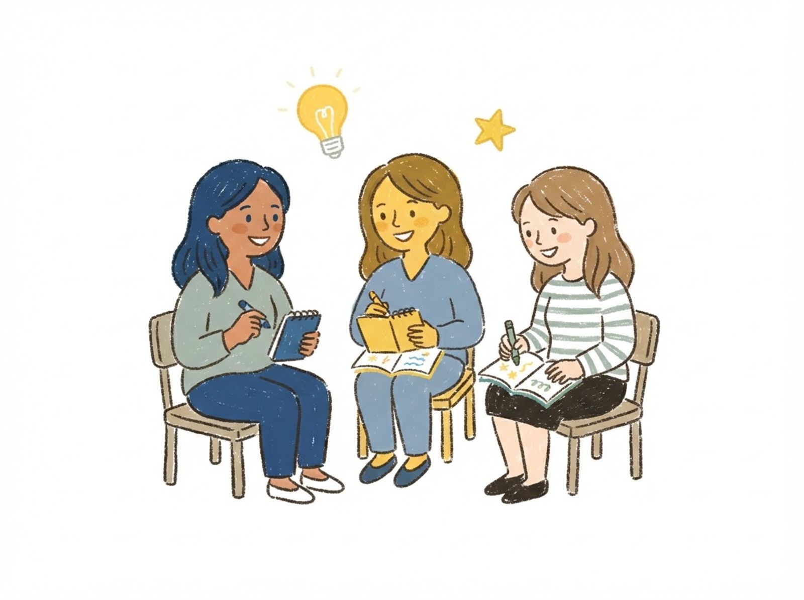 Crayon drawing of three caregivers sitting in a circle with notebooks, learning together