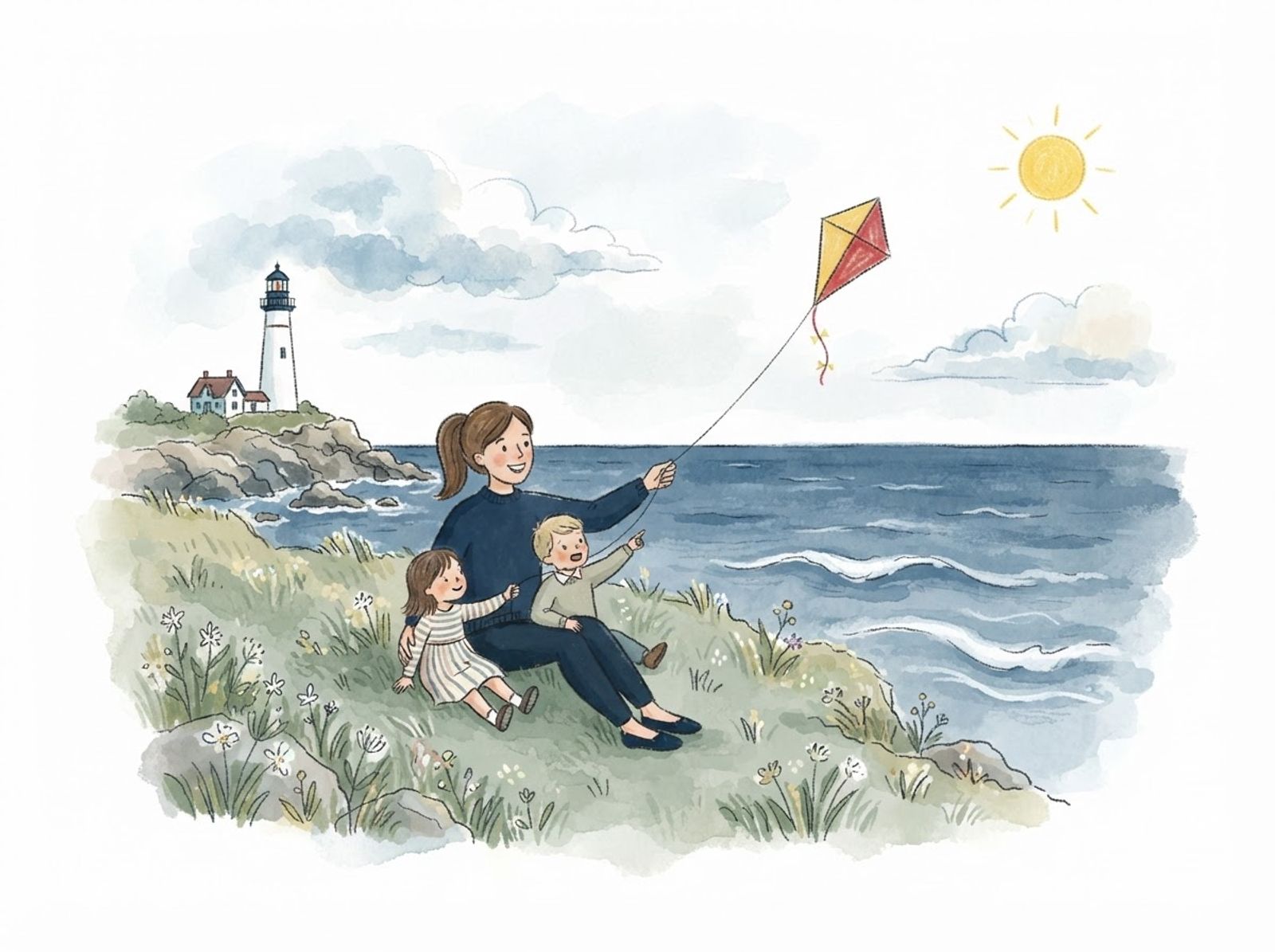 Crayon illustration of a babysitter flying a kite with two children on a coastal bluff near a lighthouse