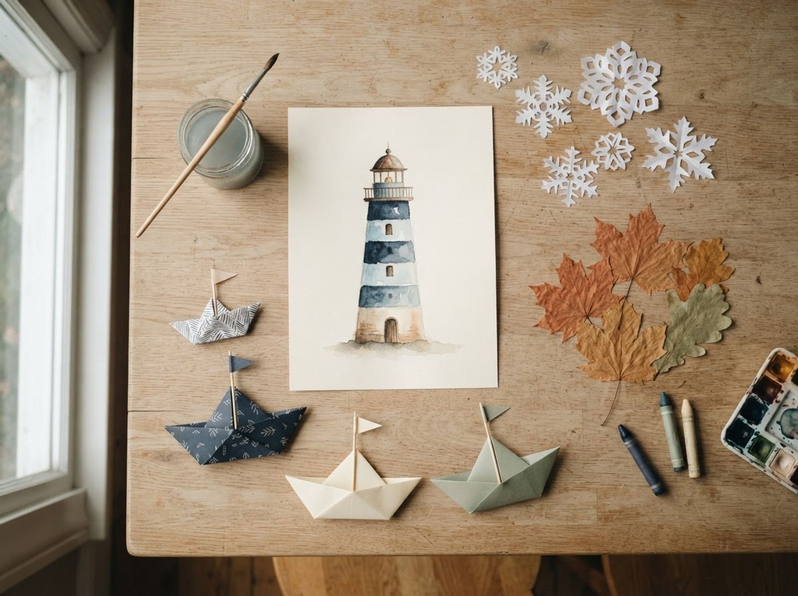 Children’s crafts on a table: a watercolor lighthouse, paper sailboats, leaves, and snowflakes