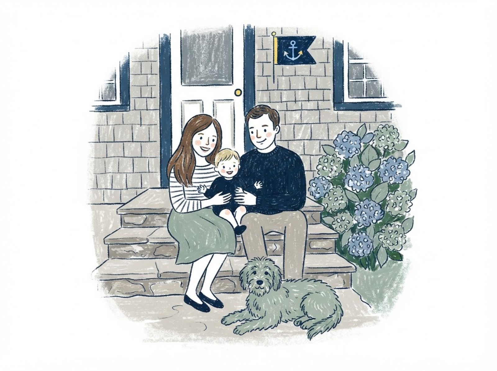 Crayon drawing of a young couple and their child sitting on the steps of a shingled cottage with their dog