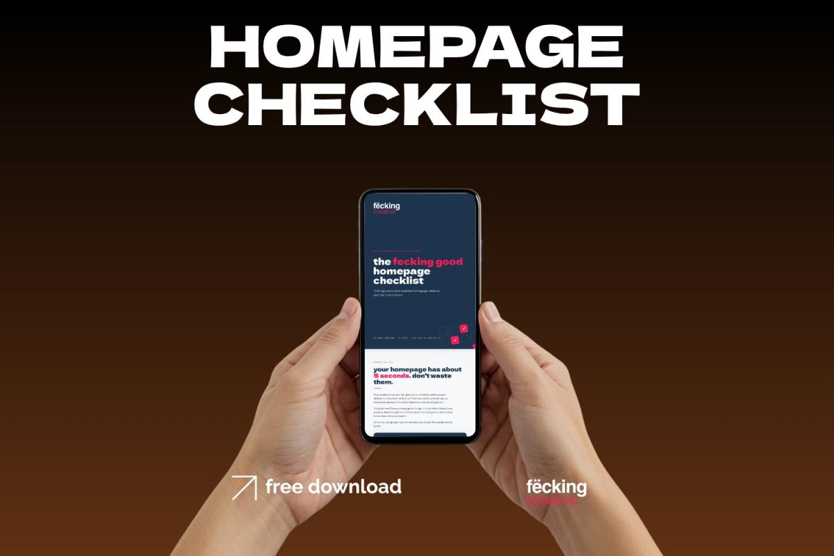 our free download homepage checklist shown on a mobile phone being held in someones hands, with the heading homepage checklist
