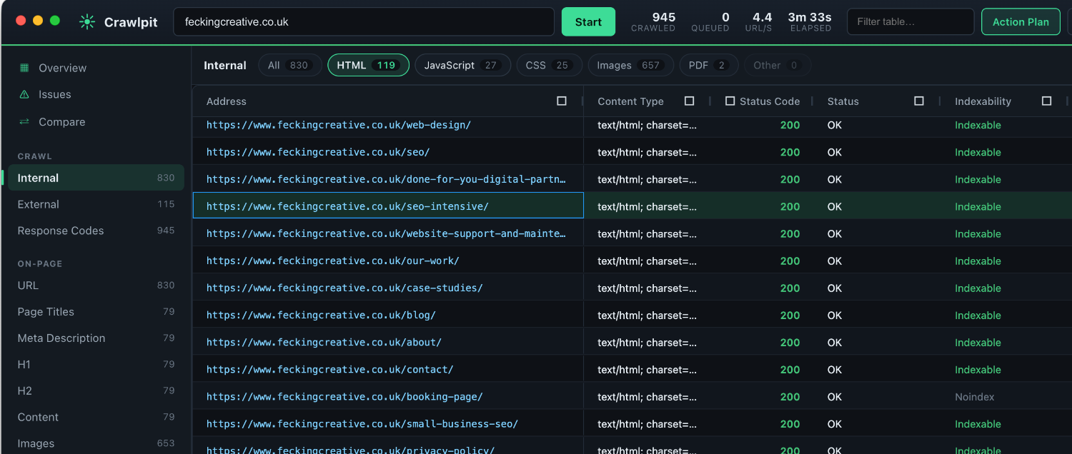 crawlpit seo crawler by fecking creative, showing a site crawl