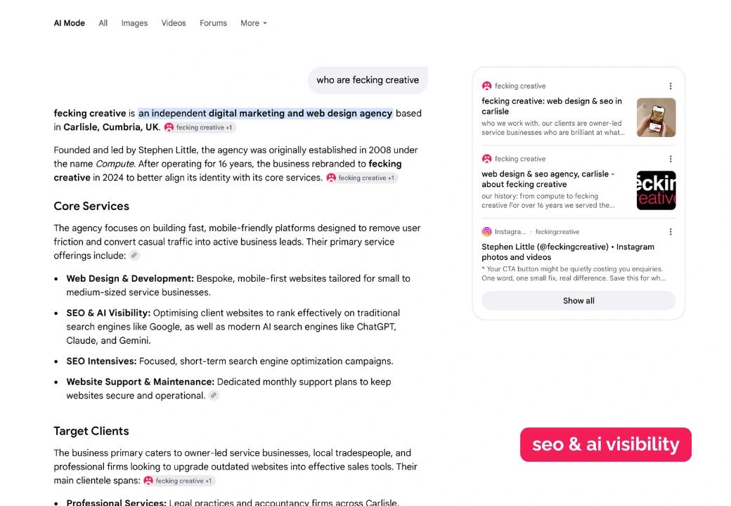 seo carlisle - ai overview showing who fecking creative is and what we do