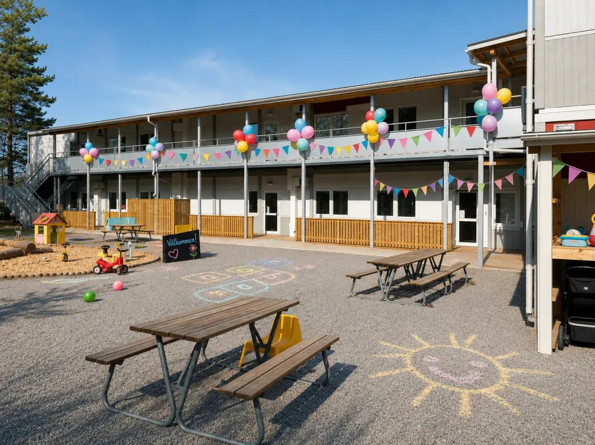 Nytorps förskolas gård med lekytor, bänkar, ballonger och välkomstskylt