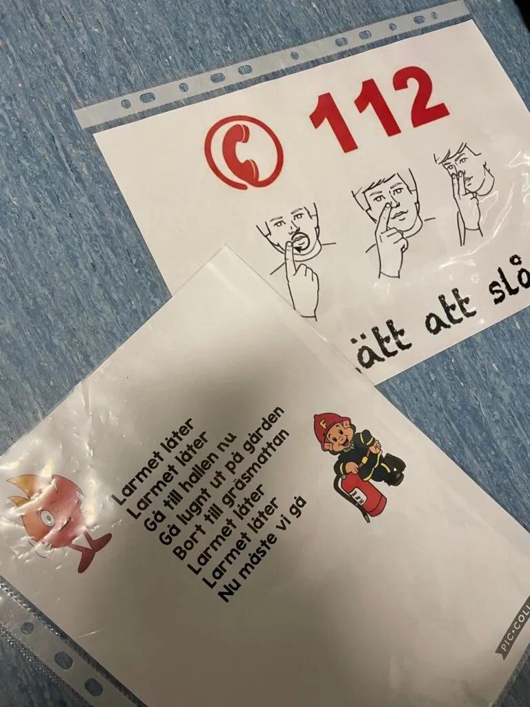 Material från brandövningen: ramsa om larmet och att ringa 112