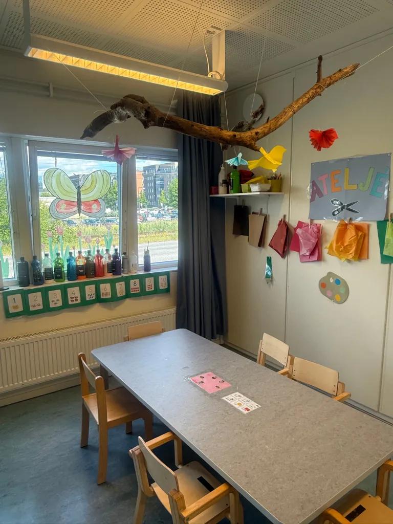 Ateljén med färgflaskor på fönsterbrädan, pappersfåglar och målad fjäril