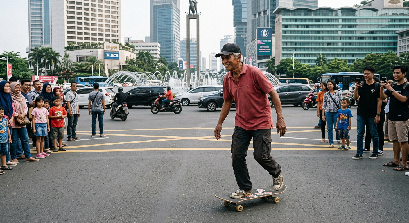 Viral! Kakek 70 Tahun Main Skateboard di Bundaran HI Bikin Netizen Terpukau