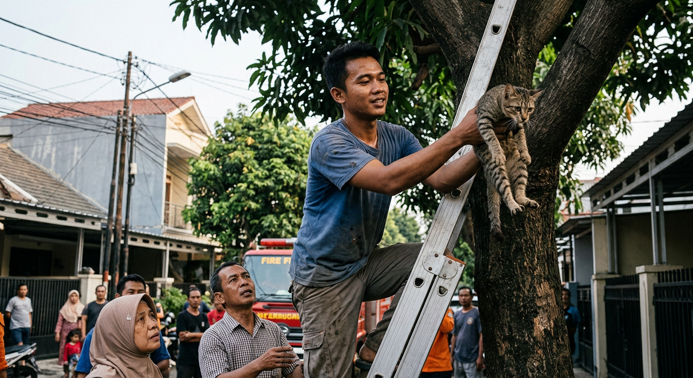 Viral! Aksi Warga Jakarta Selamatkan Kucing Terjebak di Pohon Tinggi