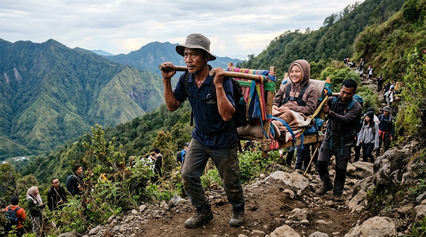 Momen Haru Ayah Bawa Putrinya yang Lumpuh Naik Gunung dengan Tandu